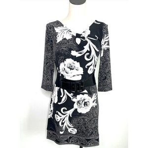 White House Black Market Black Floral Dress Sheath Jersey Belted XS
